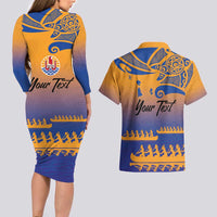 Personalised Hawaiki Nui Va'a French Polynesian Pattern Couples Matching Long Sleeve Bodycon Dress and Hawaiian Shirt Sunset Color