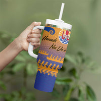 Personalised Hawaiki Nui Va'a French Polynesian Pattern Tumbler With Handle Sunset Color LT03 - Polynesian Pride