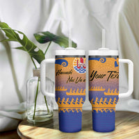 Personalised Hawaiki Nui Va'a French Polynesian Pattern Tumbler With Handle Sunset Color LT03 - Polynesian Pride