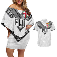 Custom Rugby Fiji Couples Matching Off Shoulder Short Dress and Hawaiian Shirt Fijian Masi Tribal Sporty Style White Color - Polynesian Pride