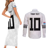 Custom Rugby Fiji Couples Matching Short Sleeve Bodycon Dress and Long Sleeve Button Shirt Fijian Masi Tribal Sporty Style White Color - Polynesian Pride
