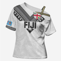 Custom Rugby Fiji Cross Shoulder Shirt Fijian Masi Tribal Sporty Style White Color - Polynesian Pride