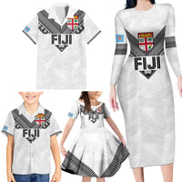 Custom Rugby Fiji Family Matching Long Sleeve Bodycon Dress and Hawaiian Shirt Fijian Masi Tribal Sporty Style White Color - Polynesian Pride