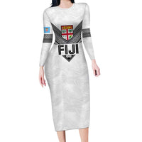 Custom Rugby Fiji Family Matching Long Sleeve Bodycon Dress and Hawaiian Shirt Fijian Masi Tribal Sporty Style White Color - Polynesian Pride