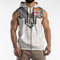 Custom Rugby Fiji Sleeveless Zip Hoodie Fijian Masi Tribal Sporty Style White Color - Polynesian Pride