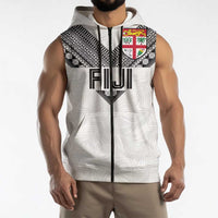 Custom Rugby Fiji Sleeveless Zip Hoodie Fijian Masi Tribal Sporty Style White Color - Polynesian Pride
