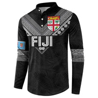 Custom Rugby Fiji Button Sweatshirt Fijian Masi Tribal Sporty Style Black Color - Polynesian Pride