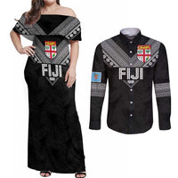 Custom Rugby Fiji Couples Matching Off Shoulder Maxi Dress and Long Sleeve Button Shirt Fijian Masi Tribal Sporty Style Black Color - Polynesian Pride