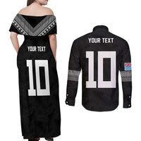 Custom Rugby Fiji Couples Matching Off Shoulder Maxi Dress and Long Sleeve Button Shirt Fijian Masi Tribal Sporty Style Black Color - Polynesian Pride