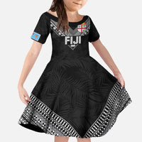 Custom Rugby Fiji Family Matching Off The Shoulder Long Sleeve Dress and Hawaiian Shirt Fijian Masi Tribal Sporty Style Black Color - Polynesian Pride