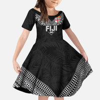 Custom Rugby Fiji Family Matching Off Shoulder Maxi Dress and Hawaiian Shirt Fijian Masi Tribal Sporty Style Black Color - Polynesian Pride