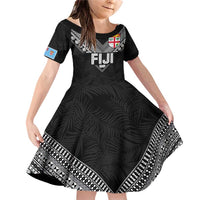 Custom Rugby Fiji Family Matching Off Shoulder Short Dress and Hawaiian Shirt Fijian Masi Tribal Sporty Style Black Color - Polynesian Pride