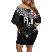Custom Rugby Fiji Family Matching Off Shoulder Short Dress and Hawaiian Shirt Fijian Masi Tribal Sporty Style Black Color - Polynesian Pride