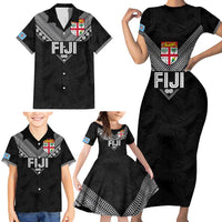 Custom Rugby Fiji Family Matching Short Sleeve Bodycon Dress and Hawaiian Shirt Fijian Masi Tribal Sporty Style Black Color - Polynesian Pride