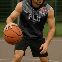 Custom Rugby Fiji Sleeveless Hoodie Fijian Masi Tribal Sporty Style Black Color - Polynesian Pride