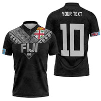 Custom Rugby Fiji Zipper Polo Shirt Fijian Masi Tribal Sporty Style Black Color - Polynesian Pride