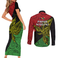 Papua New Guinea Southern Highlands Province Couples Matching Short Sleeve Bodycon Dress and Long Sleeve Button Shirts PNG Birds Of Paradise Polynesian Arty Style LT03 - Polynesian Pride