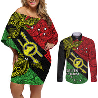 Personalised Papua New Guinea Southern Highlands Province Couples Matching Off Shoulder Short Dress and Long Sleeve Button Shirts PNG Birds Of Paradise Polynesian Arty Style LT03 Black - Polynesian Pride
