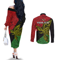 Personalised Papua New Guinea Southern Highlands Province Couples Matching Off The Shoulder Long Sleeve Dress and Long Sleeve Button Shirts PNG Birds Of Paradise Polynesian Arty Style LT03 - Polynesian Pride