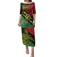 Personalised Papua New Guinea Southern Highlands Province Puletasi PNG Birds Of Paradise Polynesian Arty Style LT03 Long Dress Black - Polynesian Pride
