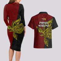 Papua New Guinea Western Province Couples Matching Long Sleeve Bodycon Dress and Hawaiian Shirt PNG Birds Of Paradise Polynesian Arty Style LT03 - Polynesian Pride