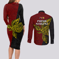 Papua New Guinea Western Province Couples Matching Long Sleeve Bodycon Dress and Long Sleeve Button Shirts PNG Birds Of Paradise Polynesian Arty Style LT03 - Polynesian Pride