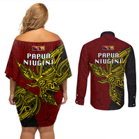 Papua New Guinea Western Province Couples Matching Off Shoulder Short Dress and Long Sleeve Button Shirts PNG Birds Of Paradise Polynesian Arty Style LT03 - Polynesian Pride