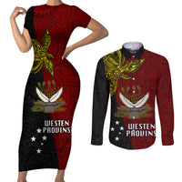 Papua New Guinea Western Province Couples Matching Short Sleeve Bodycon Dress and Long Sleeve Button Shirts PNG Birds Of Paradise Polynesian Arty Style LT03 Red - Polynesian Pride