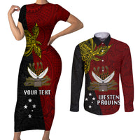 Personalised Papua New Guinea Western Province Couples Matching Short Sleeve Bodycon Dress and Long Sleeve Button Shirts PNG Birds Of Paradise Polynesian Arty Style LT03 Red - Polynesian Pride