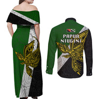 Papua New Guinea Western Highlands Province Couples Matching Off Shoulder Maxi Dress and Long Sleeve Button Shirts PNG Birds Of Paradise Polynesian Arty Style LT03 - Polynesian Pride