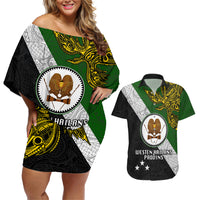 Papua New Guinea Western Highlands Province Couples Matching Off Shoulder Short Dress and Hawaiian Shirt PNG Birds Of Paradise Polynesian Arty Style LT03 Green - Polynesian Pride