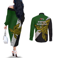Papua New Guinea Western Highlands Province Couples Matching Off The Shoulder Long Sleeve Dress and Long Sleeve Button Shirts PNG Birds Of Paradise Polynesian Arty Style LT03 - Polynesian Pride