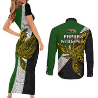 Papua New Guinea Western Highlands Province Couples Matching Short Sleeve Bodycon Dress and Long Sleeve Button Shirts PNG Birds Of Paradise Polynesian Arty Style LT03 - Polynesian Pride
