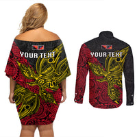 Personalised Papua New Guinea Sandaun Province Couples Matching Off Shoulder Short Dress and Long Sleeve Button Shirts PNG Birds Of Paradise Polynesian Arty Style LT03 - Polynesian Pride