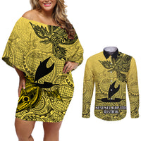Papua New Guinea National Capital District Couples Matching Off Shoulder Short Dress and Long Sleeve Button Shirts PNG Birds Of Paradise Polynesian Arty Style LT03 Yellow - Polynesian Pride
