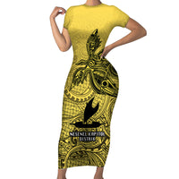 Papua New Guinea National Capital District Short Sleeve Bodycon Dress PNG Birds Of Paradise Polynesian Arty Style LT03 Long Dress Yellow - Polynesian Pride