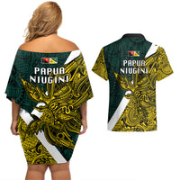 Papua New Guinea Jiwaka Province Couples Matching Off Shoulder Short Dress and Hawaiian Shirt PNG Birds Of Paradise Polynesian Arty Style LT03 - Polynesian Pride