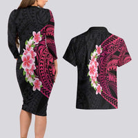 Hawaiian Tropical Plumeria Art Polynesian Tattoo Couples Matching Long Sleeve Bodycon Dress and Hawaiian Shirt Black and Bright Pink Color