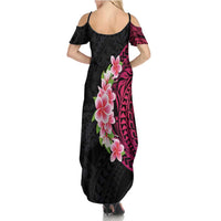 Hawaiian Tropical Plumeria Art Polynesian Tattoo Family Matching Summer Maxi Dress and Hawaiian Shirt Black and Bright Pink Color