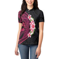 Hawaiian Tropical Plumeria Art Polynesian Tattoo Women Polo Shirt Black and Bright Pink Color