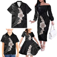 Hawaiian Tropical Plumeria Art Polynesian Tattoo Family Matching Off The Shoulder Long Sleeve Dress and Hawaiian Shirt Grayscale Color
