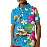 Hawaiian Tropical Flower and Honu Under Blue Water Kid Polo Shirt LT03 Kid Blue - Polynesian Pride