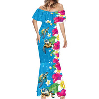 Hawaiian Tropical Flower and Honu Under Blue Water Mermaid Dress