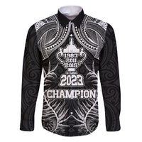 Custom New Zealand Rugby Family Matching Puletasi Dress and Hawaiian Shirt Aotearoa Champion Cup History with Silver Fern LT03 Dad's Shirt - Long Sleeve Black - Polynesian Pride