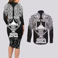 Personalised New Zealand Rugby Couples Matching Long Sleeve Bodycon Dress and Long Sleeve Button Shirt Aotearoa Champion Cup History with Haka Dance LT03 - Polynesian Pride