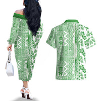 Hawaii Couples Matching Off The Shoulder Long Sleeve Dress and Hawaiian Shirt Aloha Tropical Plants Tribal Pattern Green Version LT03 - Polynesian Pride