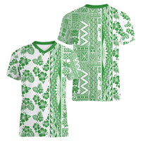 Hawaii Women V Neck T Shirt Aloha Tropical Plants Tribal Pattern Green Version LT03 - Polynesian Pride