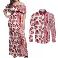 Hawaii Couples Matching Off Shoulder Maxi Dress and Long Sleeve Button Shirt Aloha Tropical Plants Tribal Pattern Red Version LT03 Red - Polynesian Pride