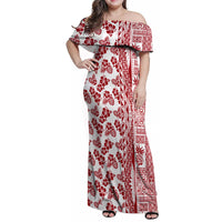 Hawaii Family Matching Off Shoulder Maxi Dress and Hawaiian Shirt Aloha Tropical Plants Tribal Pattern Red Version LT03 Mom's Dress Red - Polynesian Pride