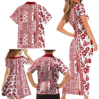 Hawaii Family Matching Short Sleeve Bodycon Dress and Hawaiian Shirt Aloha Tropical Plants Tribal Pattern Red Version LT03 - Polynesian Pride